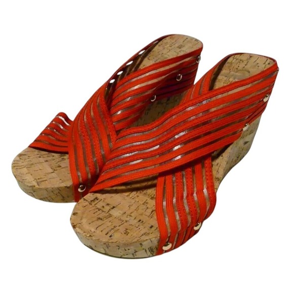 Cato C Est 1946 Wedge Sandals Womens‎ Size 9 Red 4" Heel Cork Slip On - Picture 1 of 10